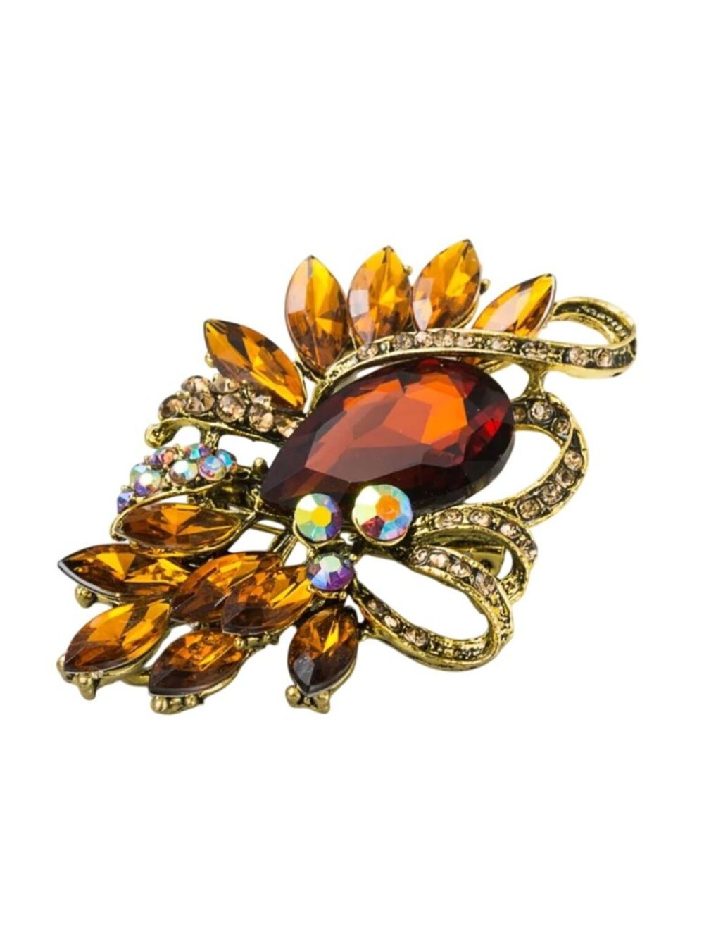Amber Colored Glass & Iridescent Rhinestone Brooch Gold Tone Cluster